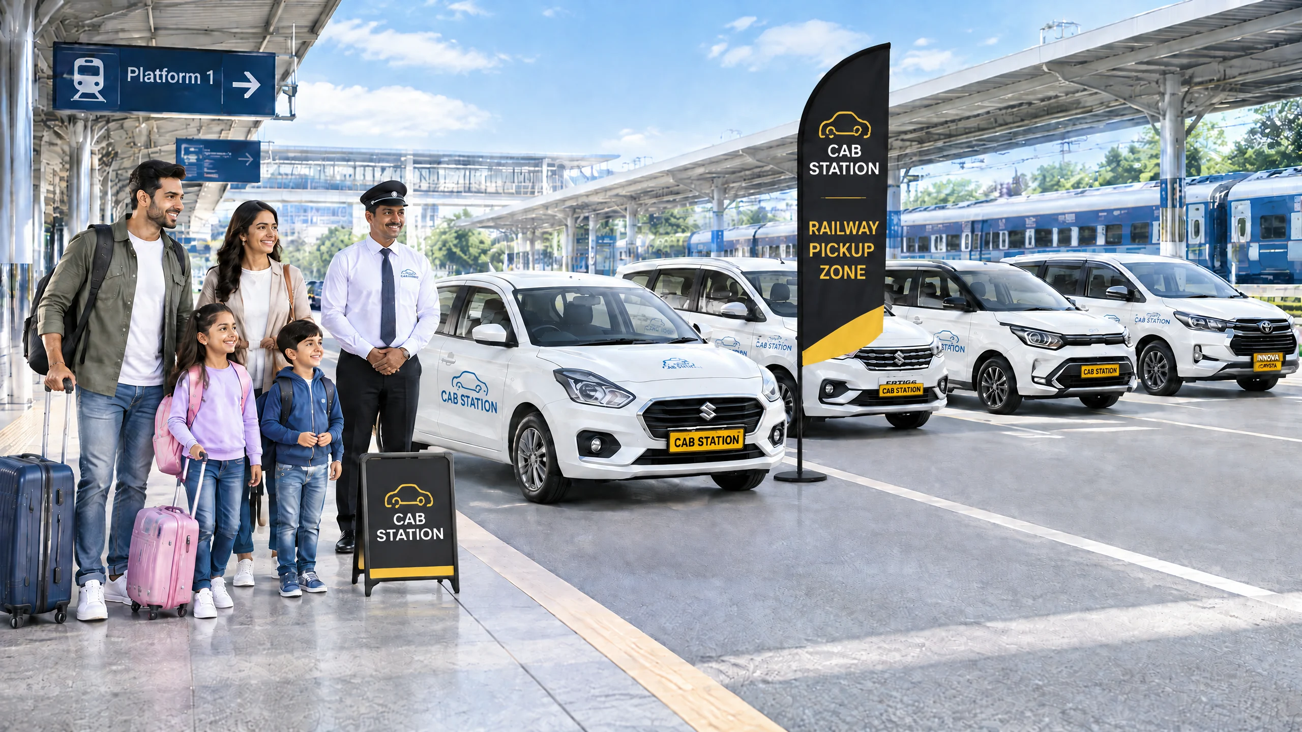 Cab Station family pickup fleet at a railway station